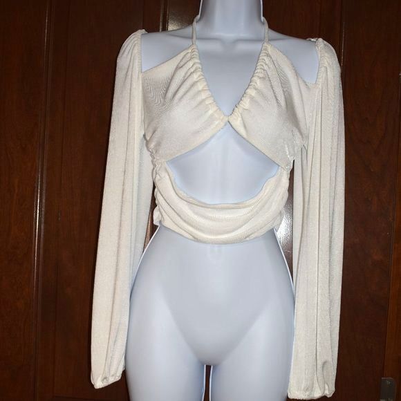 Gab & Kate White Off Shoulder Blouse Medium Tie Front Sexy V Neck Top - Picture 7 of 12